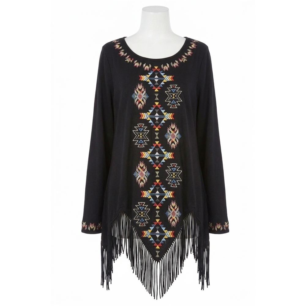 NEW ANDREE BY UNIT geo embroidered fringe top in multi